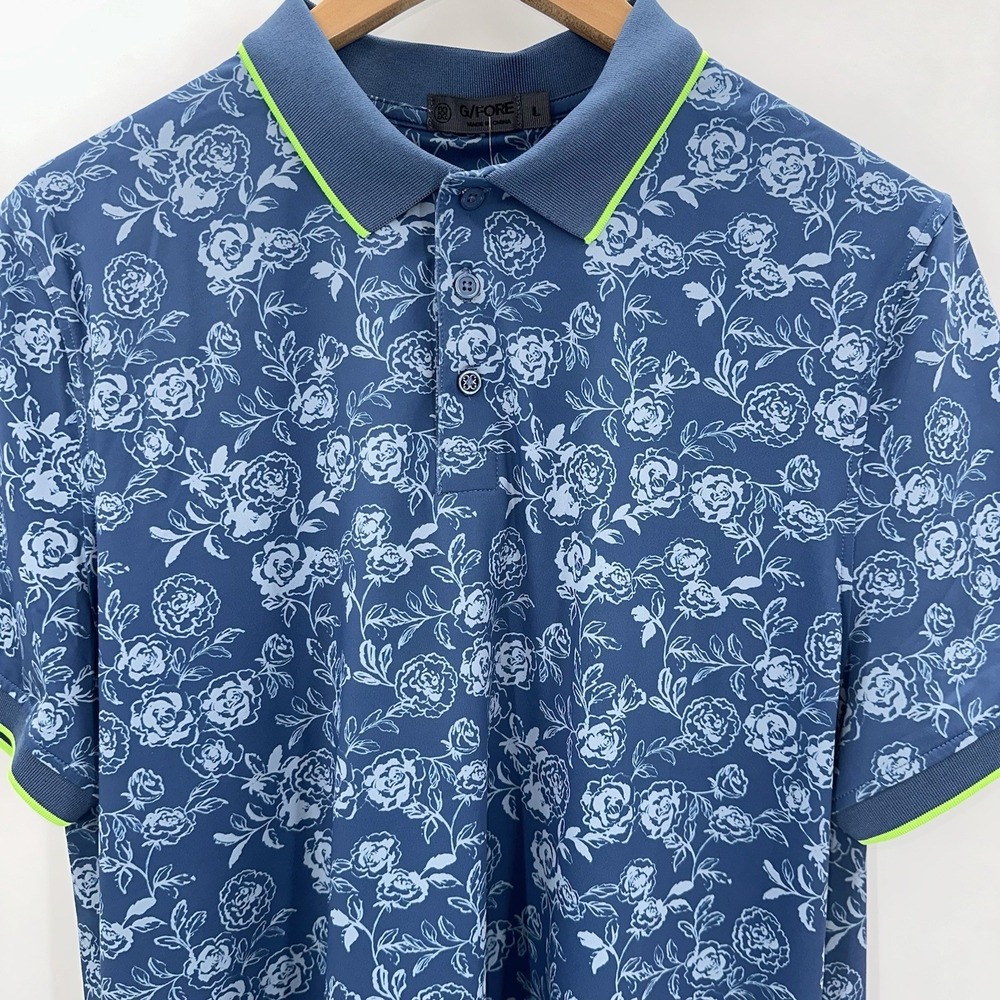 New G/Fore Large Golf Polo Peony Sketch Tech Jersey Floral Print Slate‎ Blue